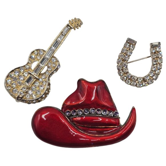 Women's 3pc Cowboy Country Music Lapel Pin Brooch Lot Gemstone Encrusted - Picture 1 of 16